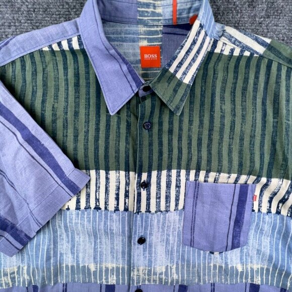 Hugo Boss Button Up Shirt Mens Large Blue Green Striped Short Sleeve Linen Blend - Picture 1 of 12